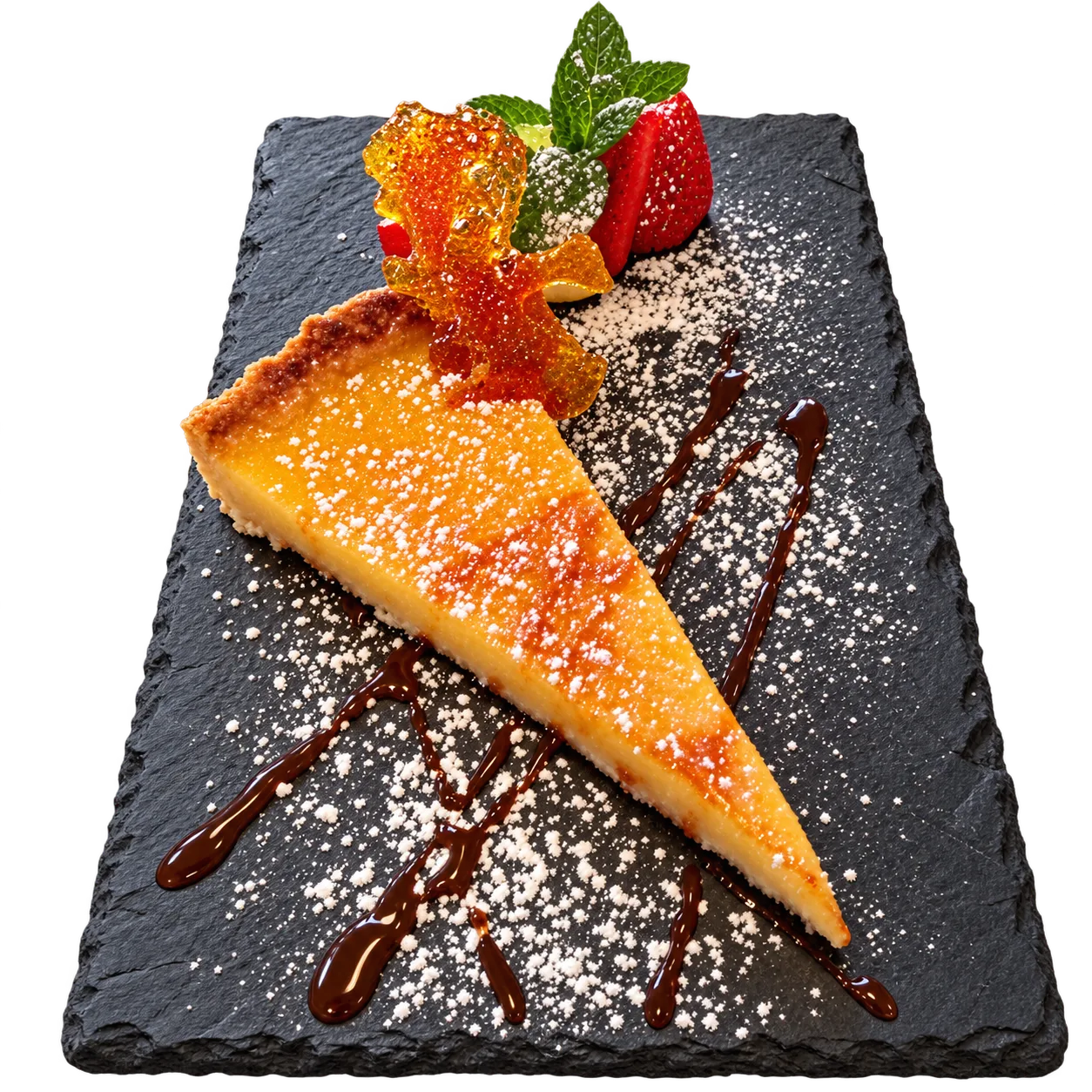 Stück Kuchen mit Puderzucker, Erdbeere und Minze auf einer Schieferplatte